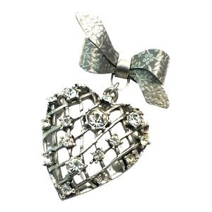 1950’s Vintage Bow & Heart Rhinestone Brooch, Silvertone
